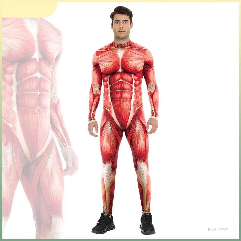 

2025 Men's Red Muscle Tight Bodysuit Adult Halloween Body Macho Printed Jumpsuit Carnival Party Stage Makeup Performance Tights