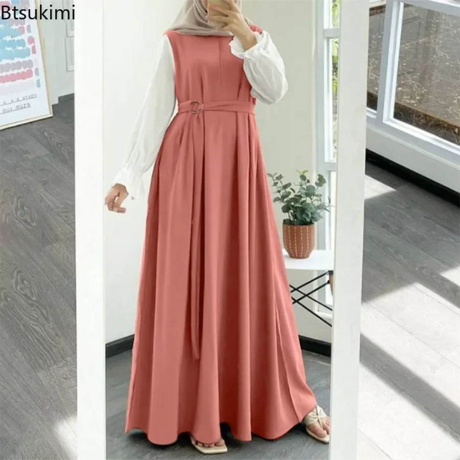 Kadınlar için 2023 Moda Müslüman Elbiseler Abayas Rahat Patchwork Uzun Kollu Maxi Elbise Kemer ile Suudi Arapça Kaftan Robe vestidos