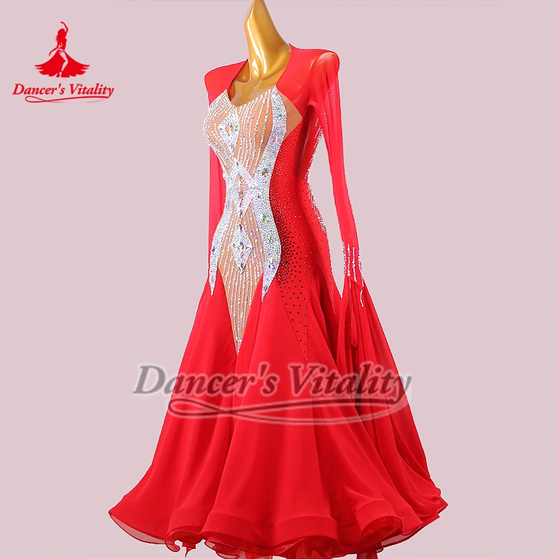 볼룸 댄스 하이 엔드 사용자 정의 빨간색 긴 소매 성인 왈츠 퀵 스텝 탱고 대회 복장을위한 우아한 빅 스윙 드레스