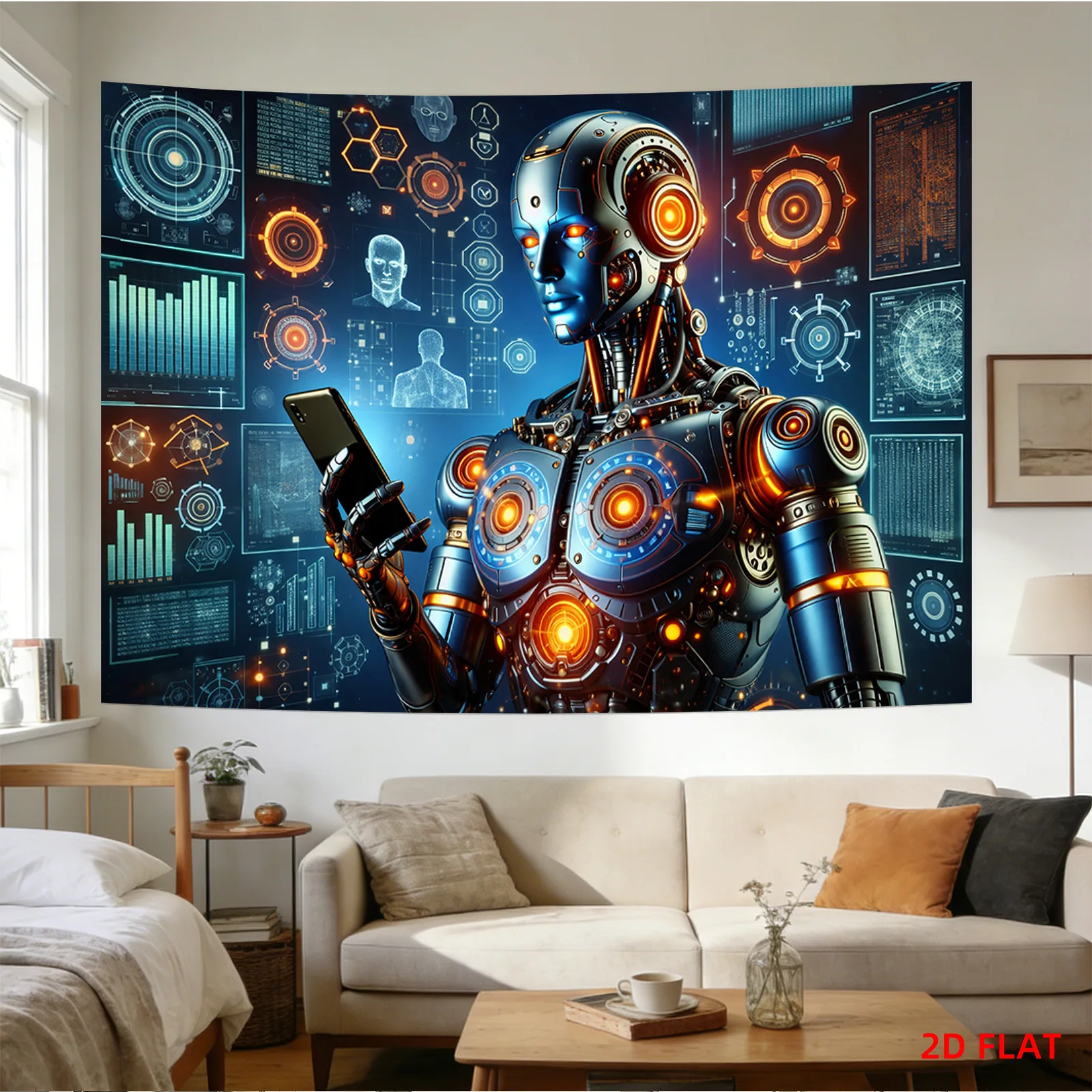 Cyberpunk Robot Android Sci Fi Tapestry Wall Art Tech Schematic Blueprint Digital Circuitry Modern Room Decor Hanging Print