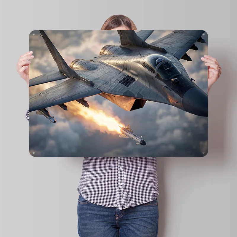 Fighter Jet Fires Missile 3D Texture Metal Poster Customized Wall Art Tin Sign Gift for Mancave Modern Home Decoration Room Man