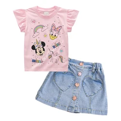 2024 Summer Children Clothing Set Dress Fashion Baby Girls Minnie Mouse Short sleeves T-shirt + Denim Skirt 2pce Kids Clothes