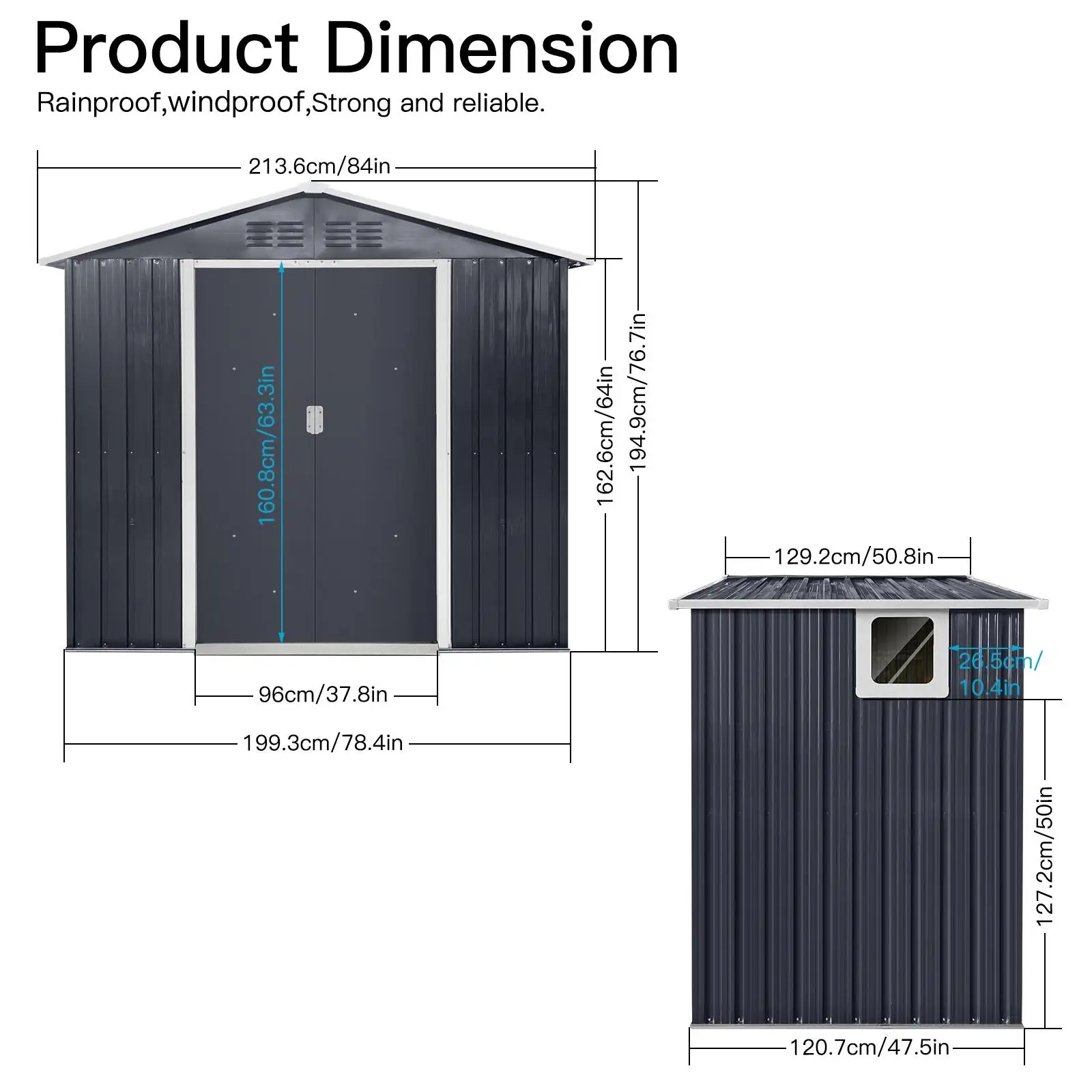 Small Metal Storage Shed 7ft Grey Weatherproof with Ventilation Perfect for Garden Tools Bikes Outdoor Equipment Organization