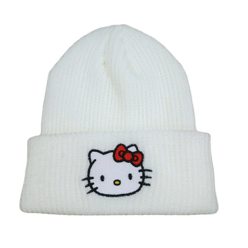 Gorro de punto con bordado de dibujos animados de Hello Kitty, gorro cálido de gato, gorro de canela, Kuromi, nuevo estilo, 2024