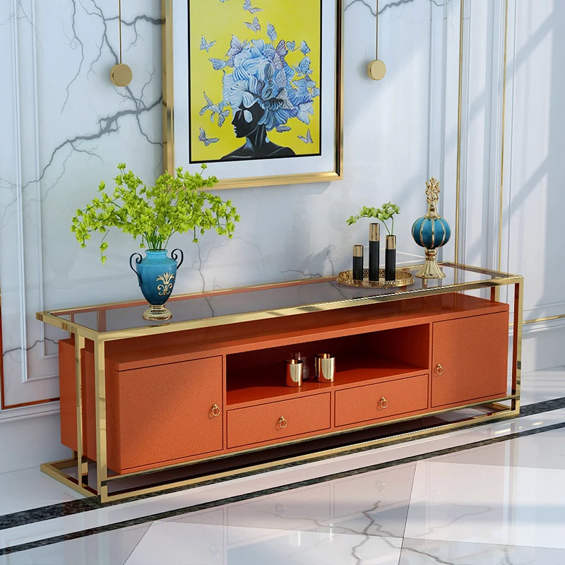 Light luxury minimalist glass TV cabinet orange modern simple floor standing cabinet stainless steel