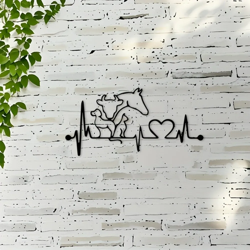 Metal Heartbeat Animal Wall Decor, Pet Memorial Iron Plaque, Black Silhouette for Cow Horse Dog Cat, No Wiring, Easy Install, In