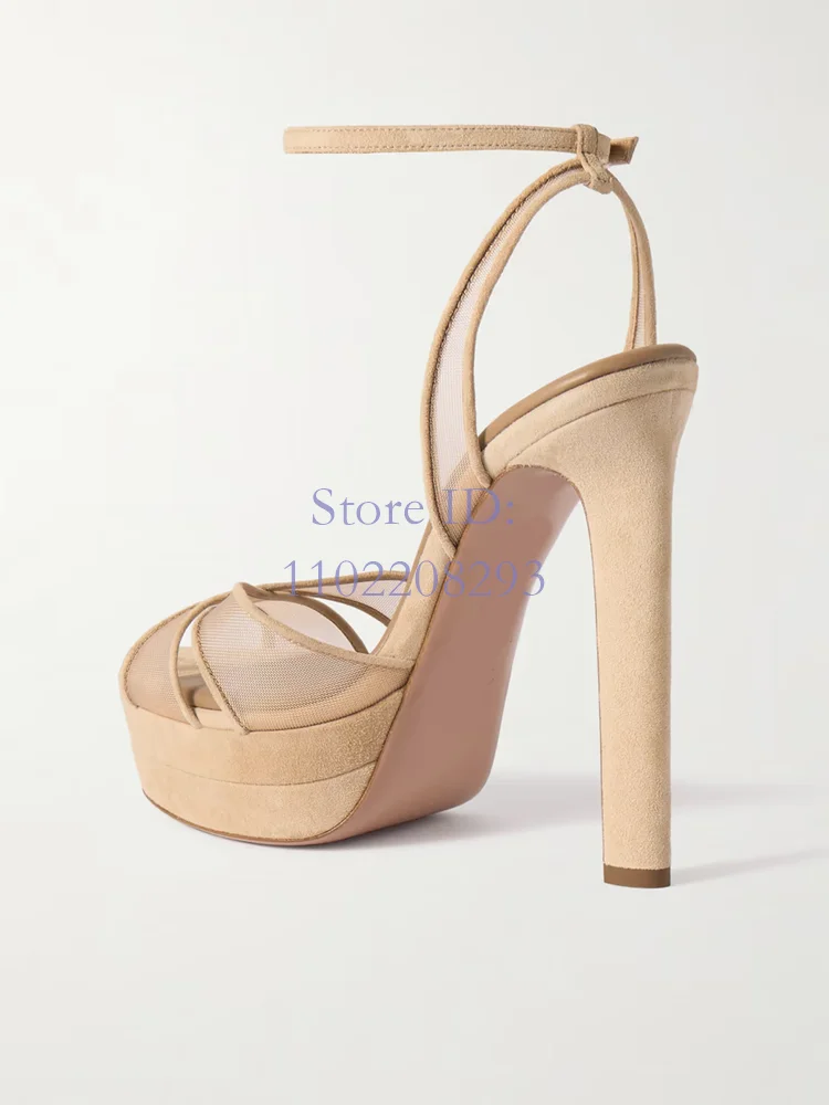 Crossover Tulle Straps Chunky High Sandals Suede Round Toe Platforms Cross-Tied Pumps Back Buckle Strap Women Dress Shoes 2024