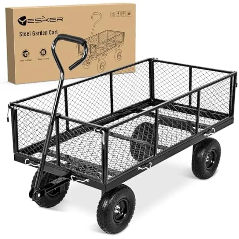 Heavy-Duty Steel Dump Cart with 1100 lb Load Capacity • 2-in-1 Convertible Fenced or Flatbed Design • 7.69 cu ft Cargo Volume •