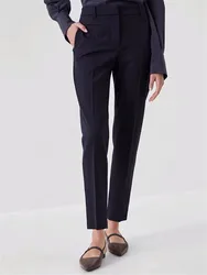 Worsted Wool Four Side Stretch Straight pants Black Casual Suit Trousers Women New B C