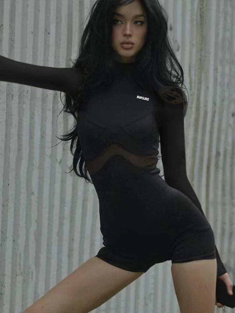 

Slimming Patchwork Half Neck Jumpsuits Women Sexy Solid Long Sleeved Short Bodysuit Female 2025 Summer Fashion Chic Sportwear