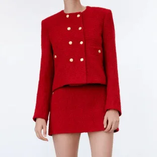 Women's Textured Double-Breasted Coat Textured Shorts Set Red Tweed Two Piece Set Double Breasted Blazer Mini Skirt Buttons V0T7