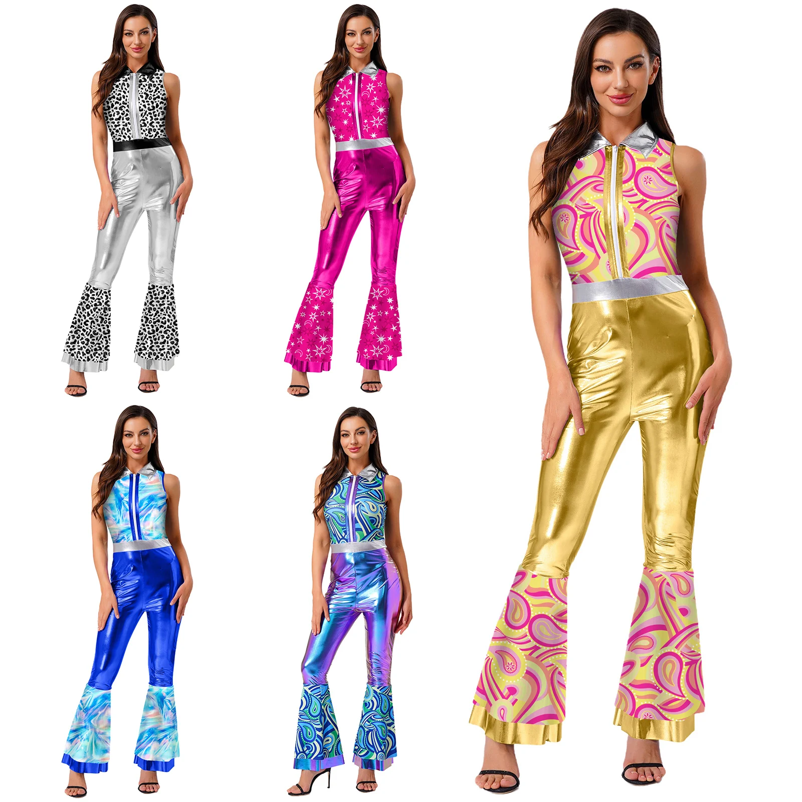 Groovy 70s Disco Jumpsuit for Women Metallic Bell Bottom Romper with Tiered Flare Pants Retro Club Rock Jazz Dance Party Outfit