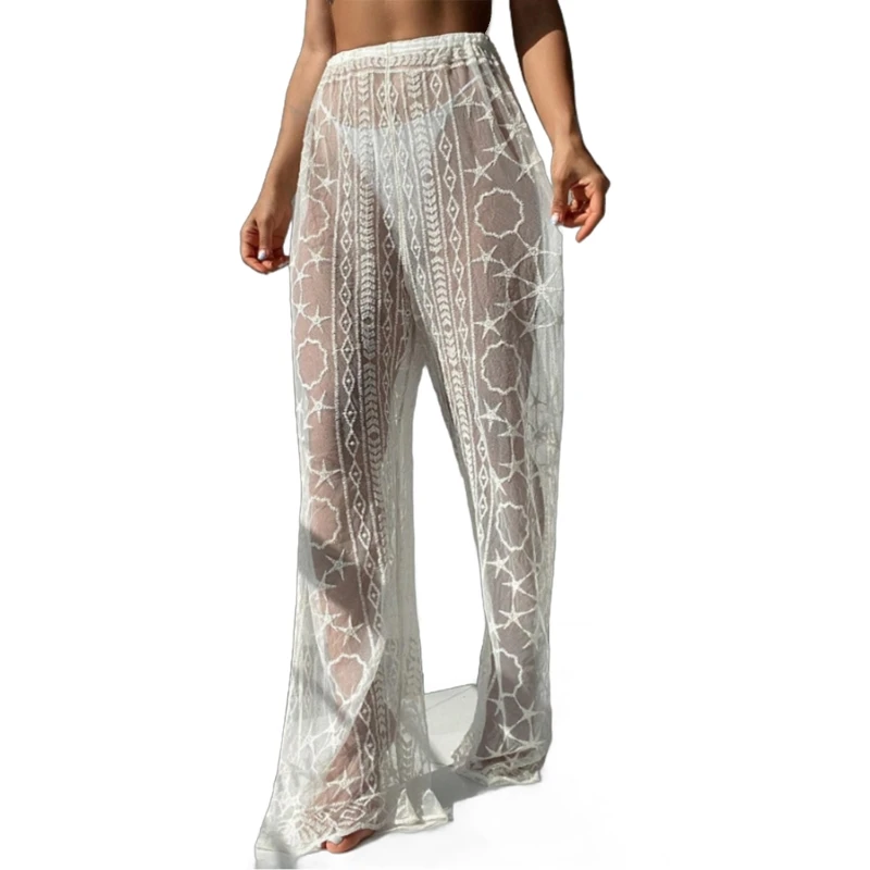 Women See Through Sheer Lace Pant Beach Swimsuit Bottom Cover up Club Party Elastic Highs Waist Wide Leg Pant