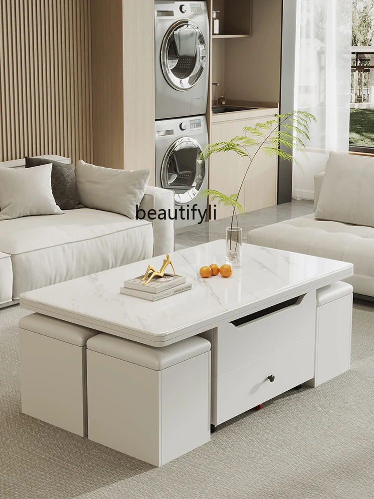 Multifunctional Stone Plate Lifting Coffee Table Dining Tables and Chairs Set Removable Folding Tea Table