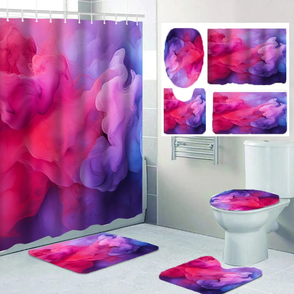 

1/4 Pink Geometry Circle shower Curtains, Toilet Seat Decoration, Shower Curtain with Carpet and Toilet Lid, 12 70.8x70.8 inch H