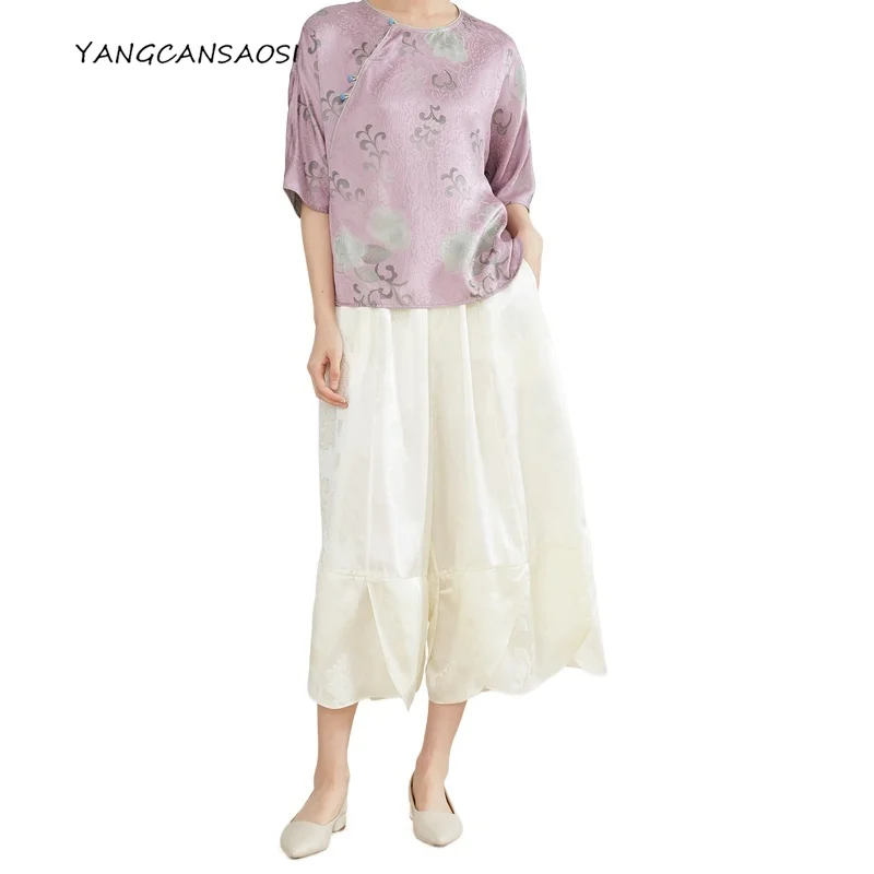 

2025 Women's Casual Clothing 100% Natural Mulberry Silk Jacquard Satin Elastic Waist Comfortable Solid Color Straight Leg Pants