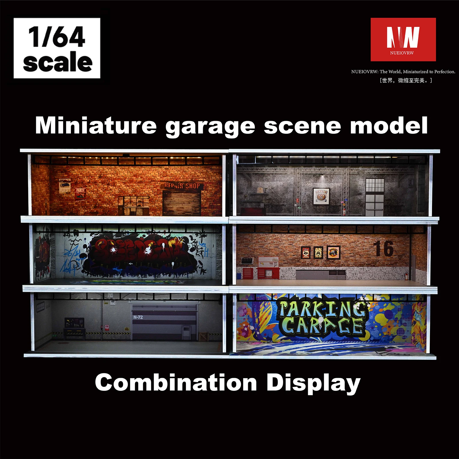 1/64 Diorama Car Garage Model LED Lighting Car Parking Lot Showroom Scene Display Model Gift Toys