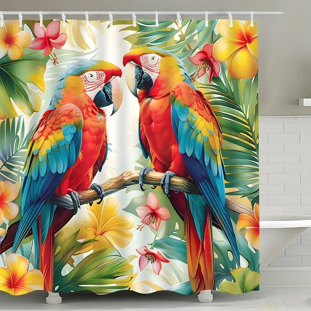 

"Vibrant Parrot and Tropical Flower Waterproof Shower Curtain, Exotic Bird Design for Stylish Bathroom Decor"
