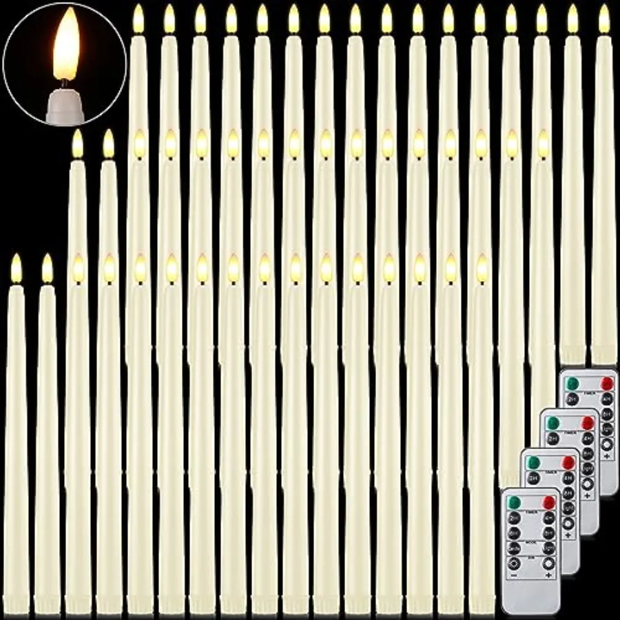 

48 Pcs Flameless Taper Candles with 4 Remote Battery Operated Flickerg Flameless Taper Candles 3D Wick Fire LED Faux Wax Lights