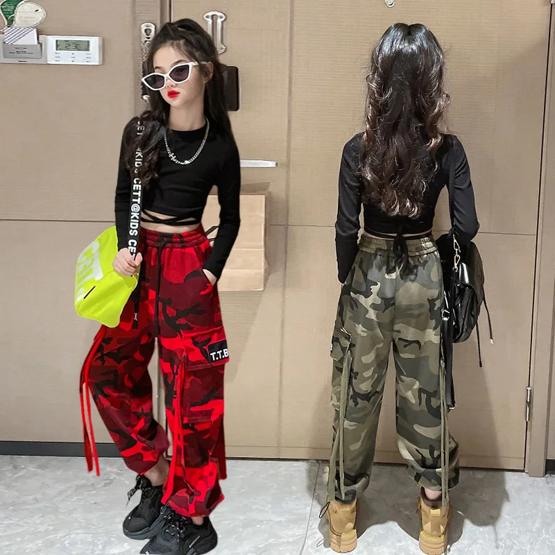 

Hip Hop Children's Clothes Sets for Girls Slim Sweatshirt + Ribbons Pocket Cargo Pants Camouflage Overalls 2pcs Sweat Suit