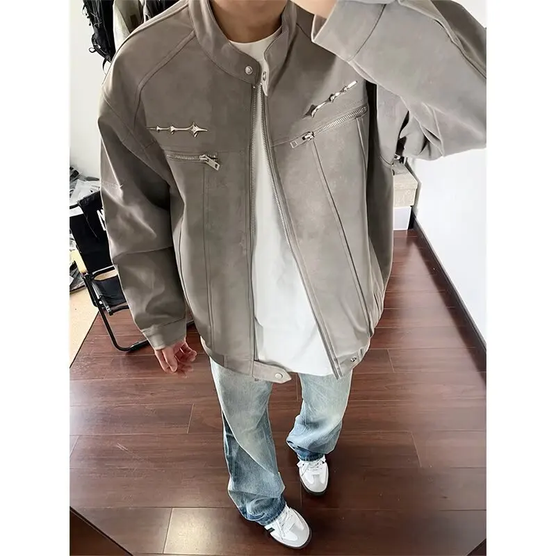 

Retro American Metal Decor PU Leather Jaet ex Autumn Winter Harington Stand Collar Workwear Casual Versatile Outerwear