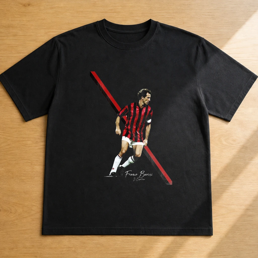 Franco Baresi Dynamic Red Diagonal Line And Action Pose Print Men Black T Shirt Minimalist Geometric Sports Athlete Tee