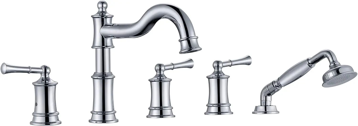 Roman Tub Faucet Set With Handheld Shower 5 Hole Deck Mount Tub Filler With Diverter 3 Lever Handle Rough-in Valve