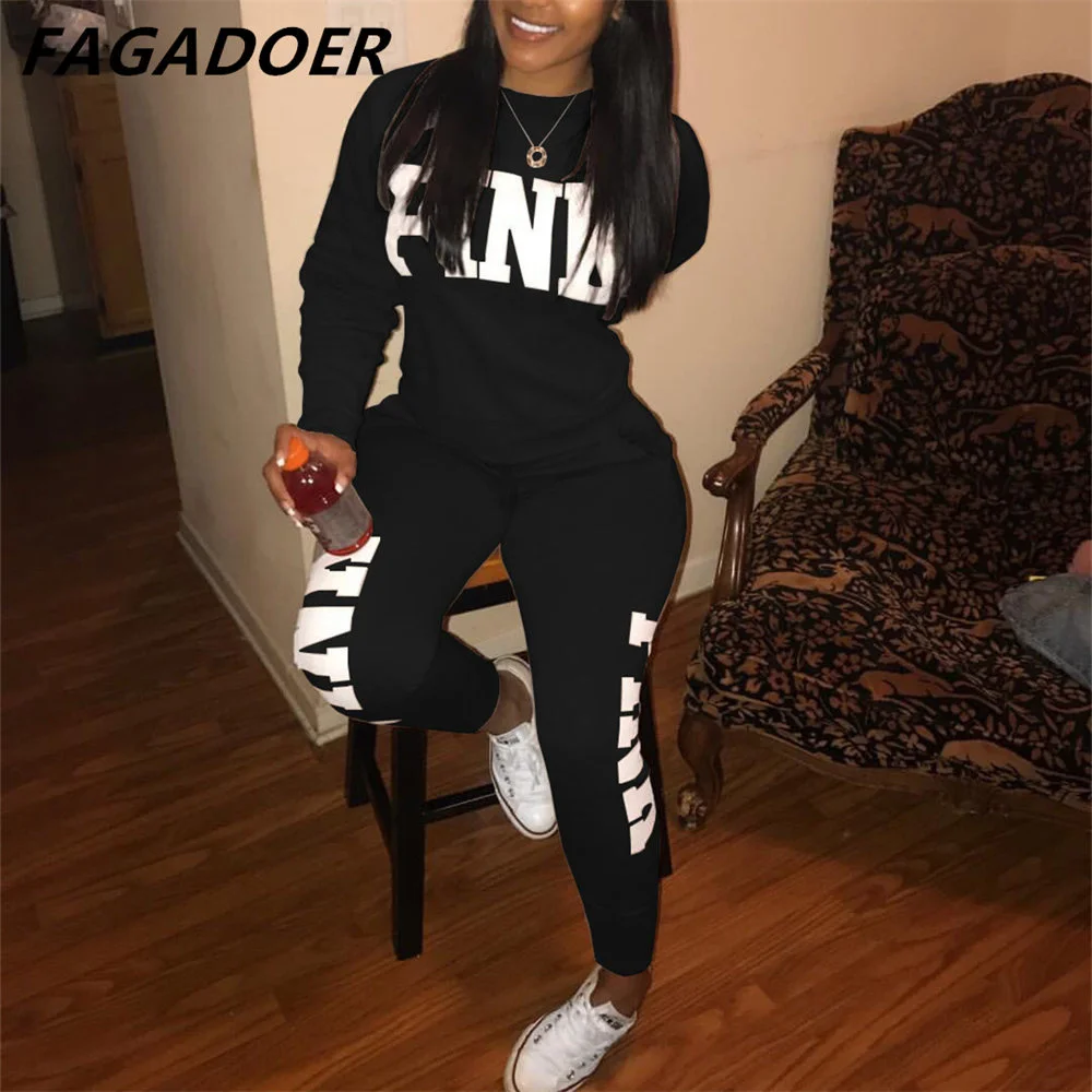 

FAGADOER Casual PINK Letter Print Top And Pants Two Piece Sets Fall Winter O Neck Long Sleeve Matching Outfits Female Streetwear