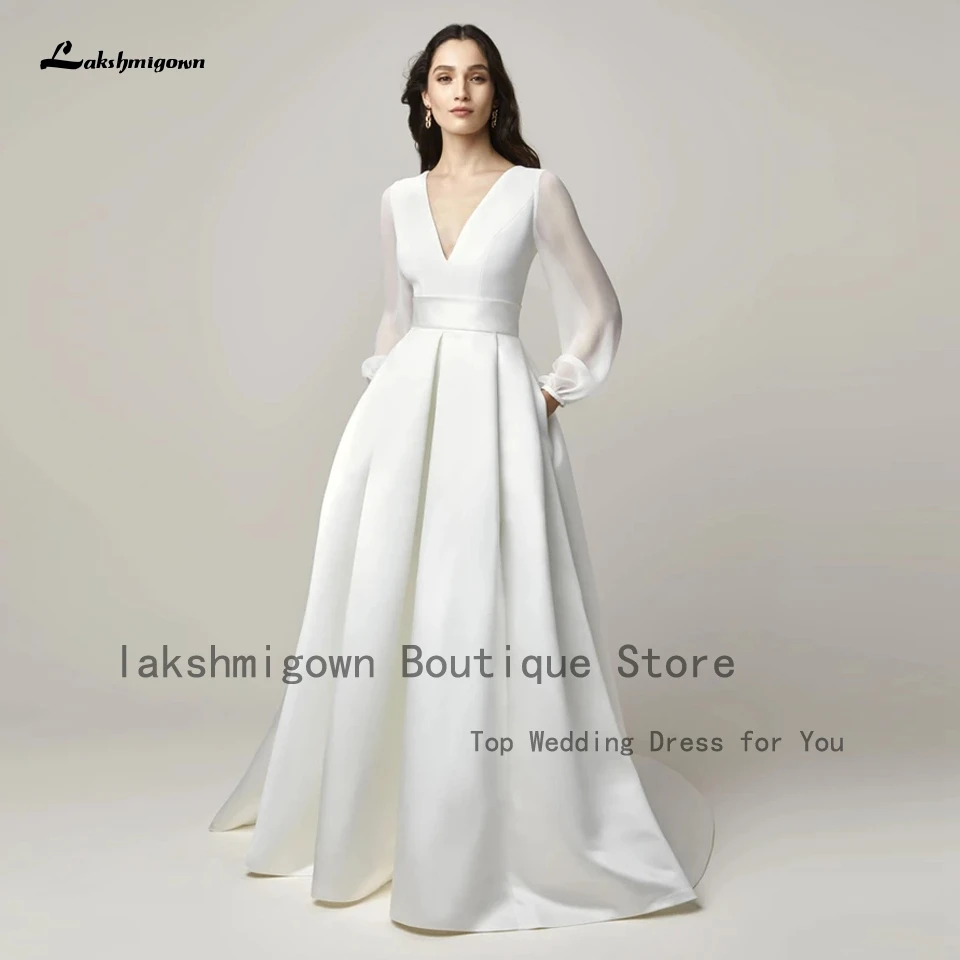 

Lakshmigown Chic Bridal Dress A Line Puffy Long Sleeve Satin Wedding Gowns Open Back 2024 Vestidos Plus Size