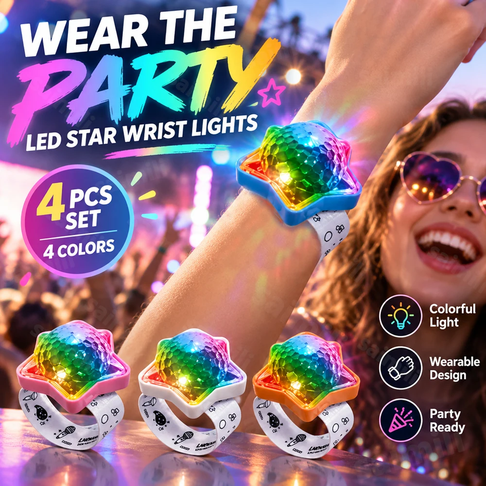 Wearable 360° RGB Projection Wrist Light 4Pcs Sound‑Activated Disco Lamp for Concert Rave Night Party Camping Outdoor Activities