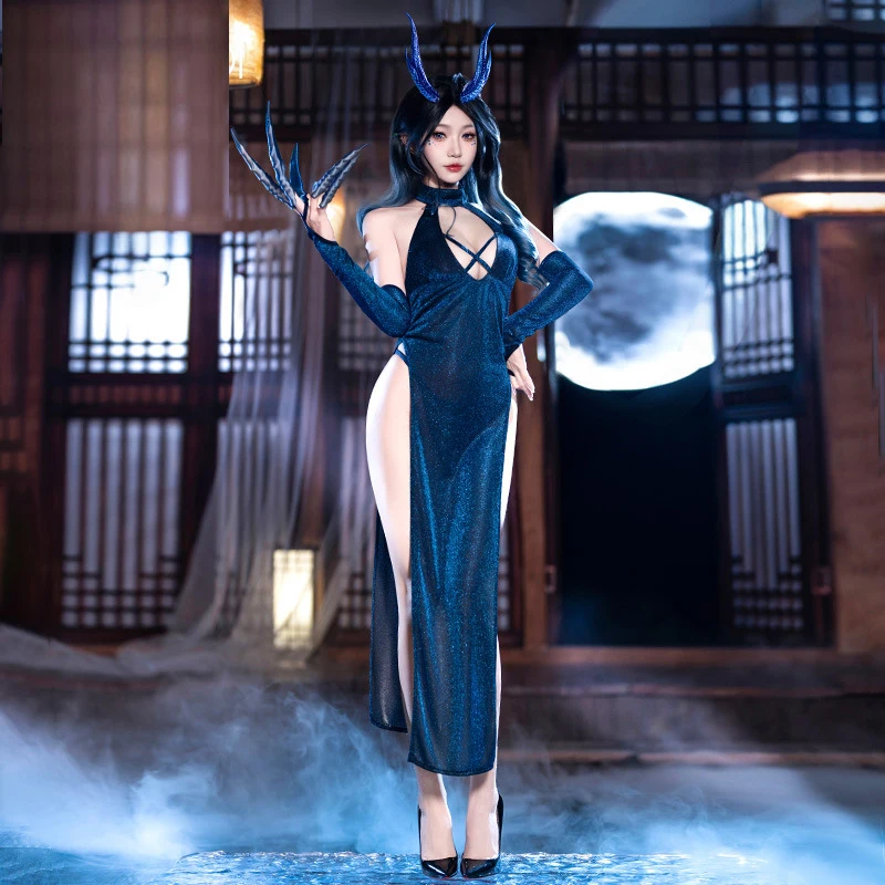 

XXOO Sexy Lingerie Chinese Loong Queen Aorun V-neck Bule Dress Anime Dragon Outfits Cosplay Costume