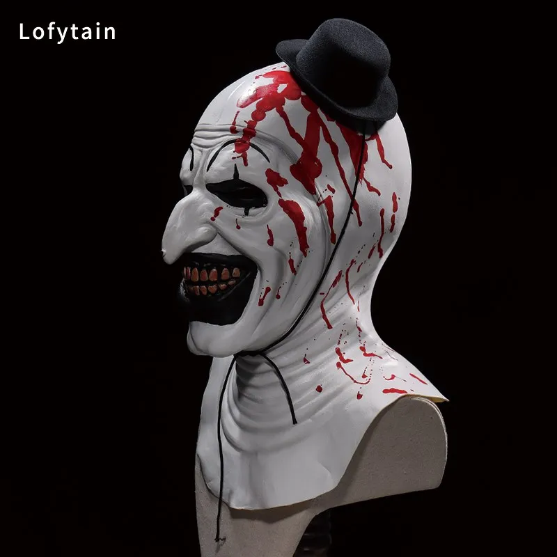 Lofytain Horror Terrifier Art The Clown Cosplay Mask, Creepy Bloody Demon Evil Joker Hat, Capacete de látex, Halloween Party Props
