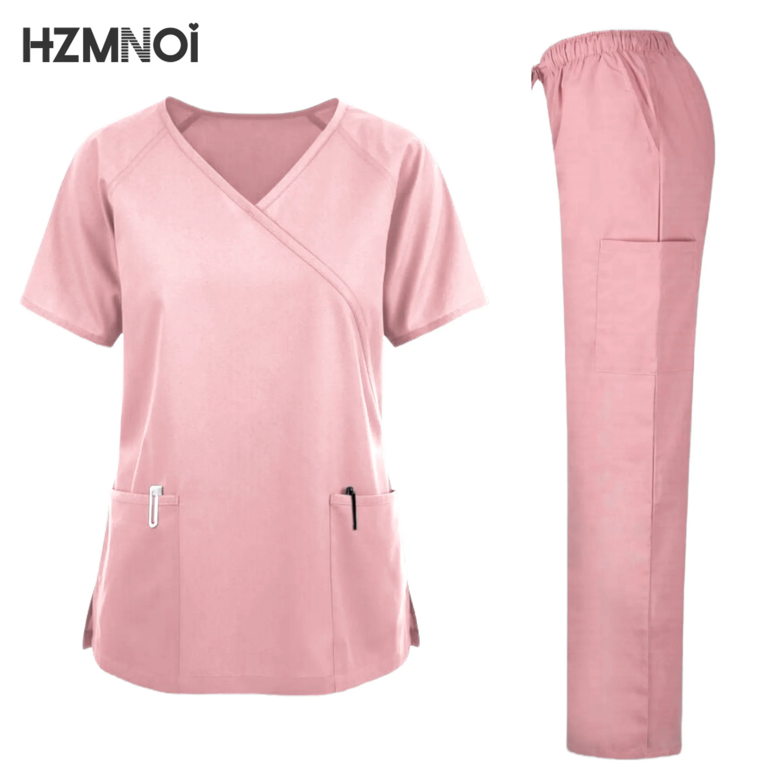 Novo conjunto de esfoliantes uniformes médicos estiramento topos calças retas com bolso uniforme enfermeira cirurgia doce spa salão beleza workwear