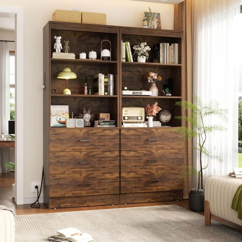 

71 Inches Bookshelf with USB Ports and Outlets, Wooden Bookcase with 3 Drawers & Open Shelves, Tall Storage Cabinet Book Shelf