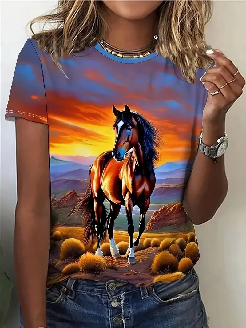 

Summer Unique Horse 3D Print T-shirts Women Streetwear Casual Fashion Y2k Short Sleeve T Shirt O-neck Tees Tops Clothing