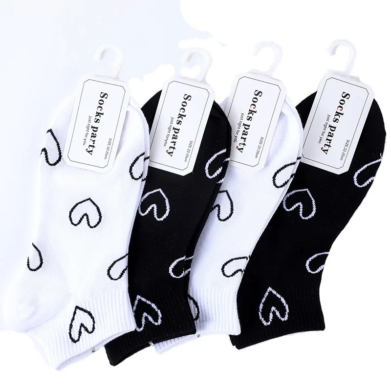 Fashion Socks Women Spring Summer Cotton Color Novelty Girls Cute Love Heart Print White Black Casual Funny Short Ankle Socks