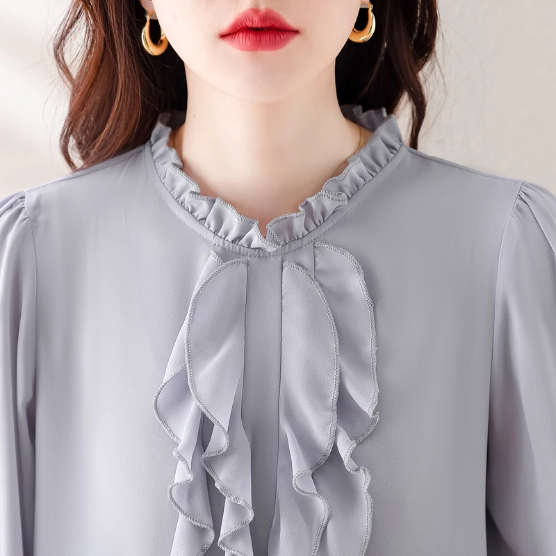 Qoerlin gekräuselte Tops Hemden Graue Frauen lose lässige Bluse elegante Flare Ärmel Hemden koreanische Mode feste ol Hemden weiblich