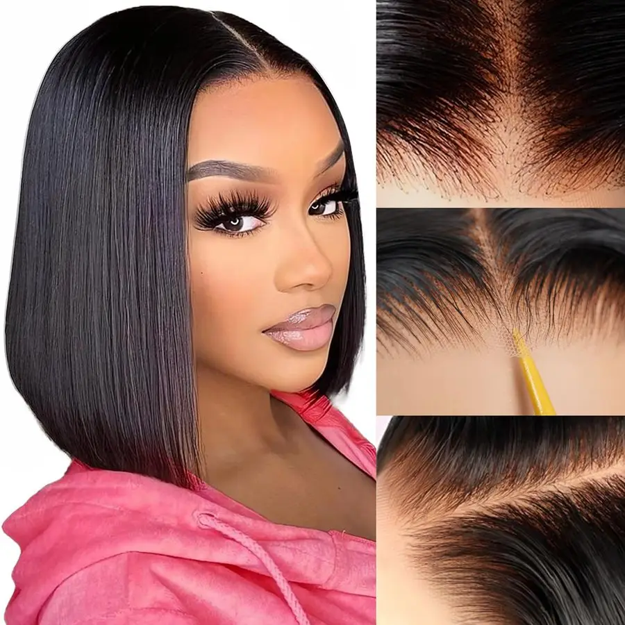 

Glueless Wigs Human Hair Pre Plucked Pre Cut 6x4 HD Transparent Lace Front Wigs Human Hair 150 Density Wear and Go Short Straigh