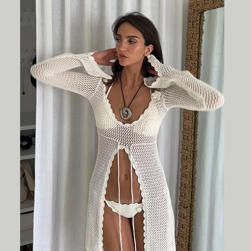 Combhasaki Women Solid Color Knit Cutout Long Sleeve Tie-Up Summer Swimsuit Crochet Bathing Suit Bikini Cover Ups Beach Sundress