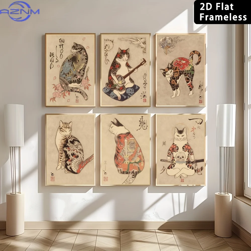 6pcs Frameless Canvas Printed Poster, Home Decoration Wall Art, Japanese Samurai Cat Wall Decoration Poster, Japanese Bushido St