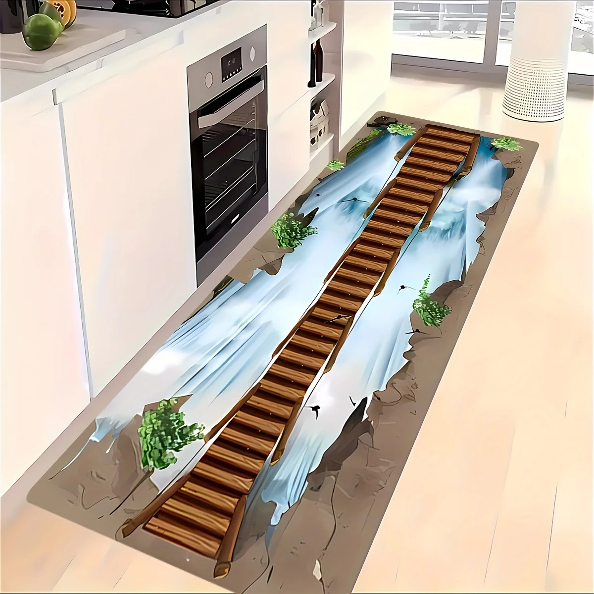 

3D-коврик с эффектом визуального потока «Деревянный мост» для кухни, нескользящий, моющийся, для прихожей, декоративный, мягкий плюшевый, влаговпитывающий, легко чистится