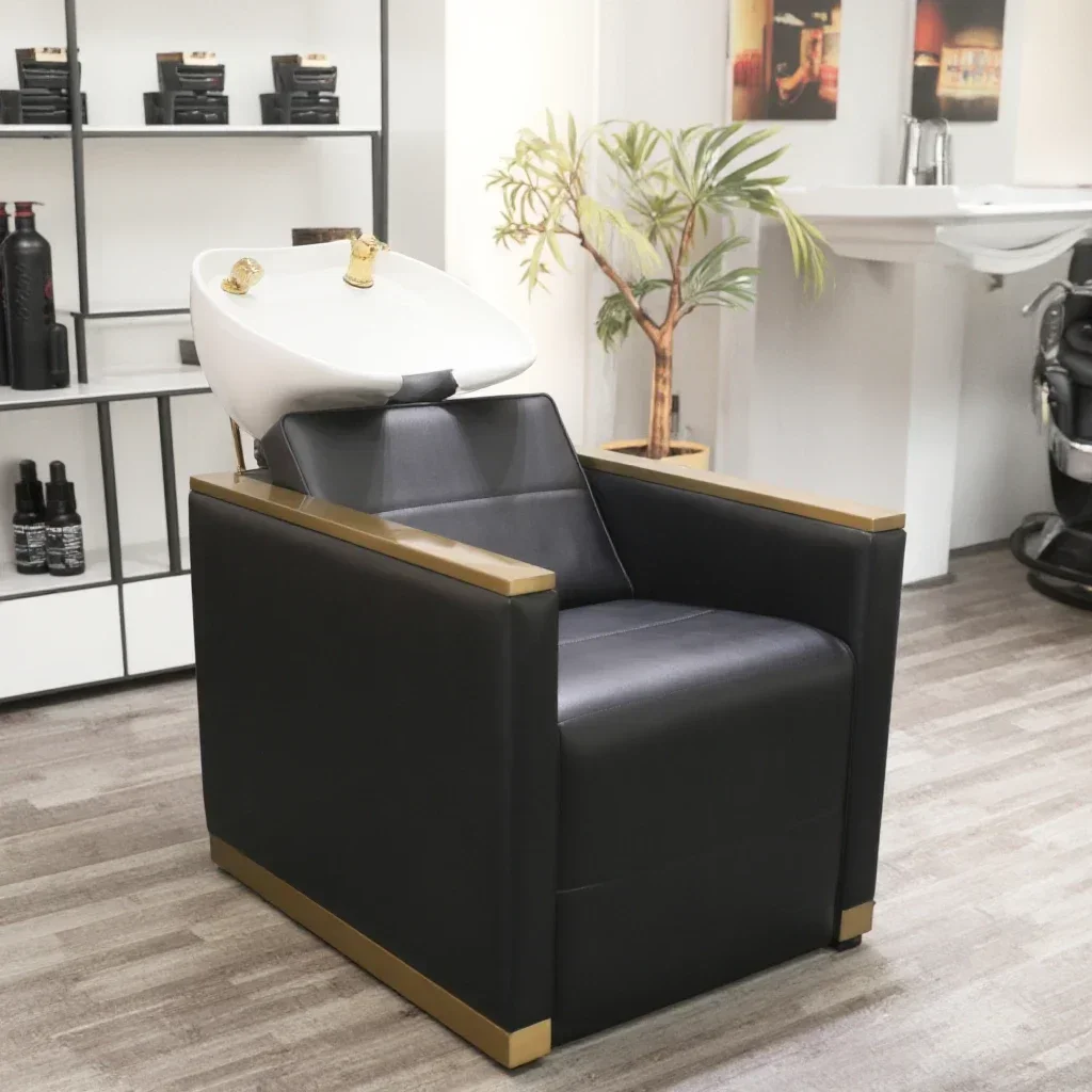 2026 Guangzhou Salon Furniture Gold Shampoo Hair Wash Chair with White Bowl for Black Hair Wash Chair