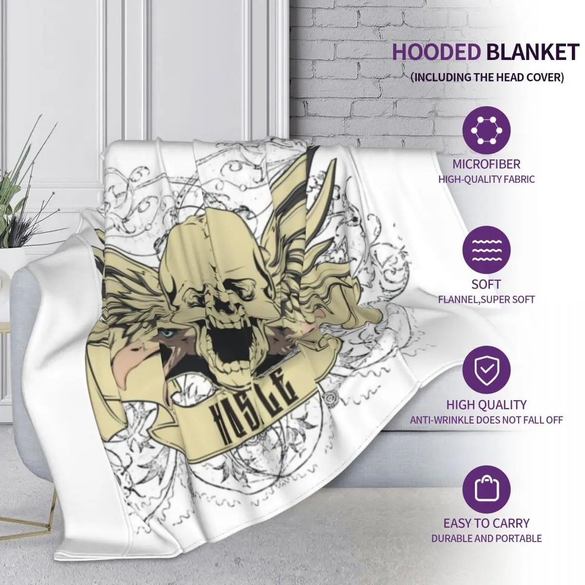 Hustle Skull Wings Blanket hustler grunge Sofa Soft Hooded Blanket Fashion Fluffy Fleece Bedspread