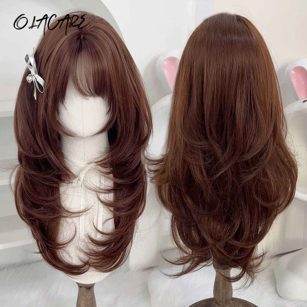 OLACARE Synthehtic Black Long Straight Hair with Layers Wig Natural Fake Women Hairpiece Wigs Hair Black Wig for Daily Use