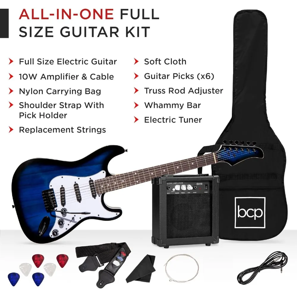 39in Full Size Beginner Electric Guitar Starter Kit w/Case, Strap, 10W Amp, Strings, Pick, Tremolo Bar - Hollywood Blue