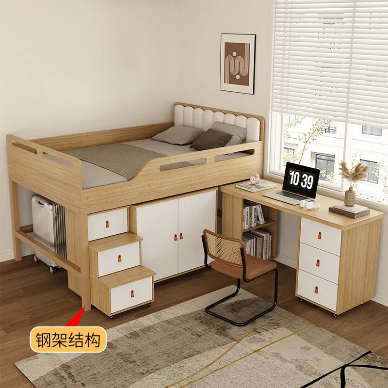 Modern simple steel frame bed 1.2 meters heightened fence with ladder cabinet desk combination bed