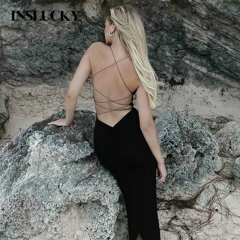 

InsLucky Summer Sexy Backless Black Dress Women Spaghetti Strap Sleeveless Strapless Slit Beachwear Dress Female Travel Clothing