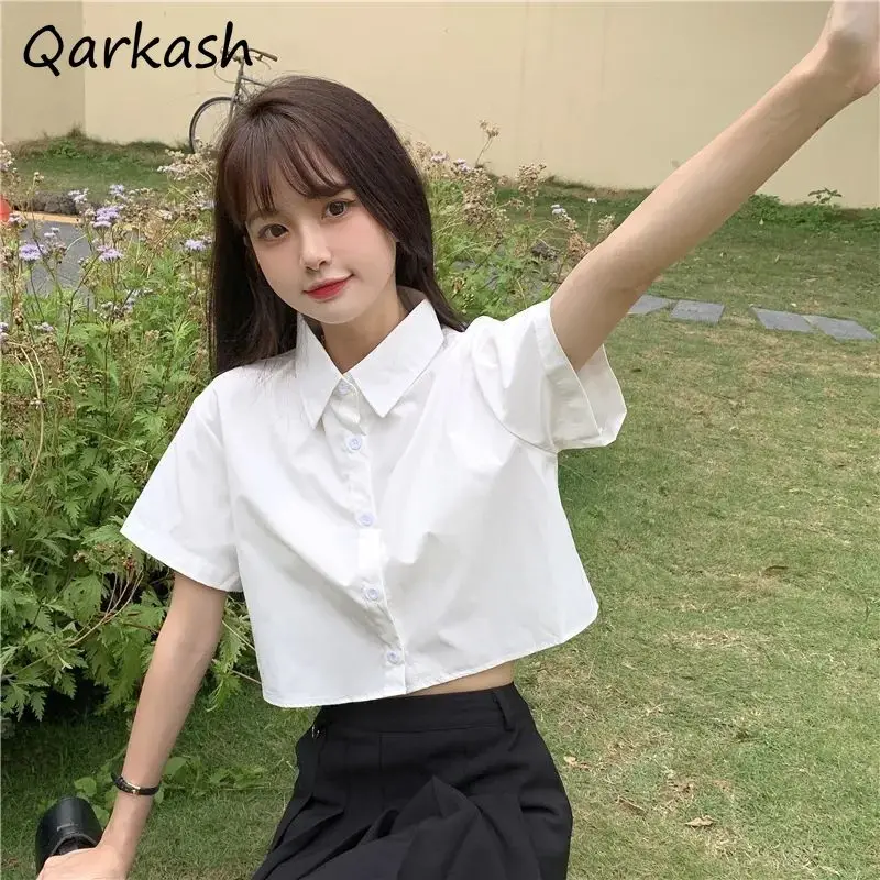 

Short Sleeve Crop Shirts Women Turn Down Collar Summer New Students Loose College White Single Breasted Tops Prevalent Ulzzang