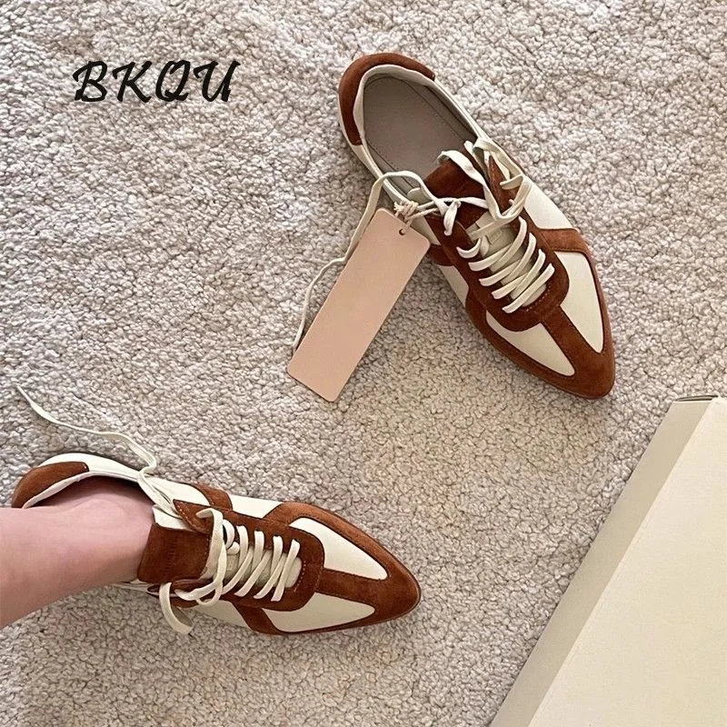 BKQU Ladies Pointe De Training Shoes 2024 New Retro Casual Color Matching Lace-up All Korean Version Spliced Flat Shoes