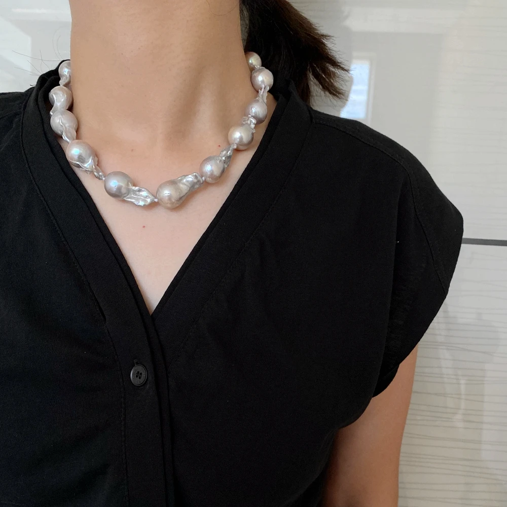 Grey Gray Color Big Size Tissue Nucleated Flame Ball Shape Baroque Pearl Necklace Freshwater 100% Natural Pearls